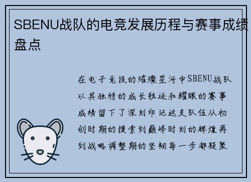 SBENU战队的电竞发展历程与赛事成绩盘点